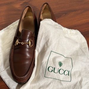 GUCCI Lug Sole Brown Leather Horsebit Loafers with Gold Hardware  10m